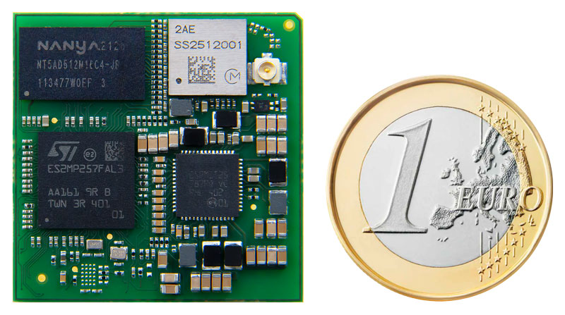 Digi ConnectCore MP25 — front with euro coin